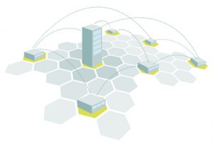 distributed network with headquarters and multiple branch offices on a hexagonal grid